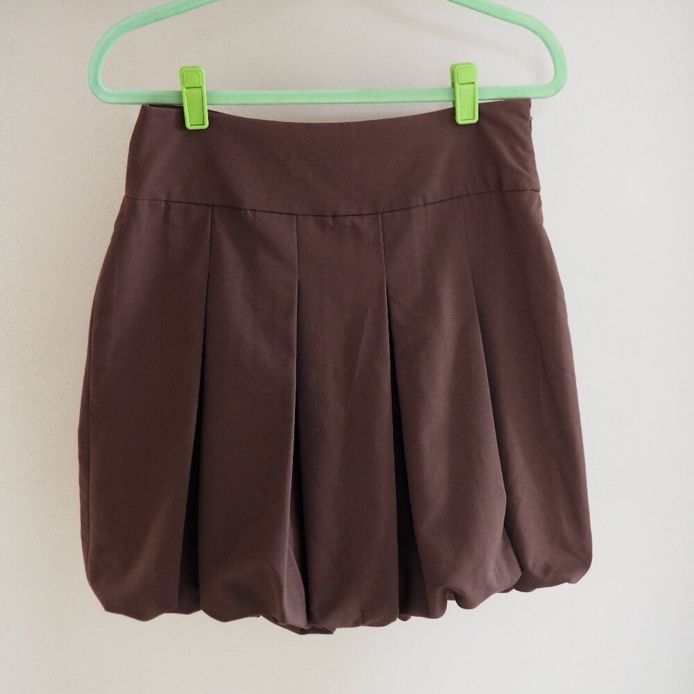Vintage Metro 7 Bubble Hem Pleated Balloon Mini Skirt Brown size 2, 28" W 20"L